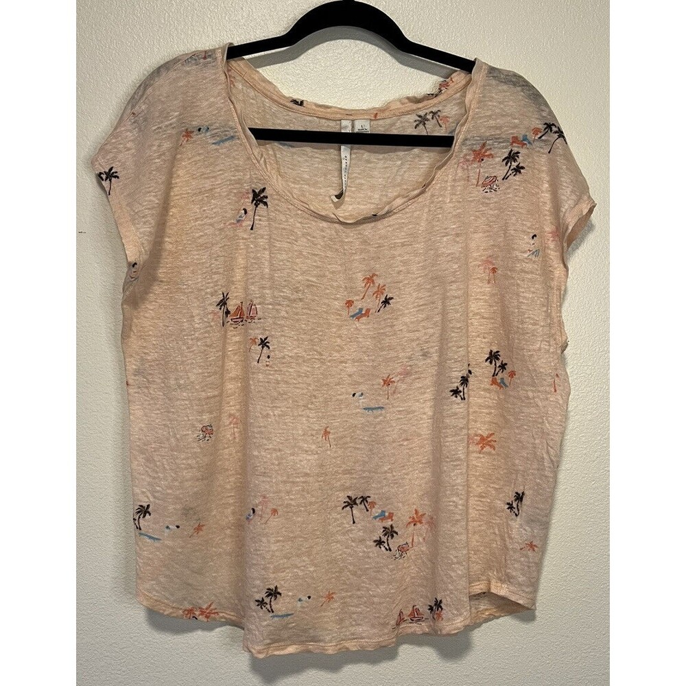 LC Lauren Conrad Linen Top Size Large Peach Palm Tree Beach Print